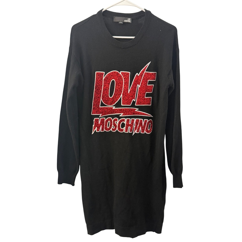 Love Moschino Black Wool Blend Glitter Logo Sweater Dress US 4 IT 40 Designer